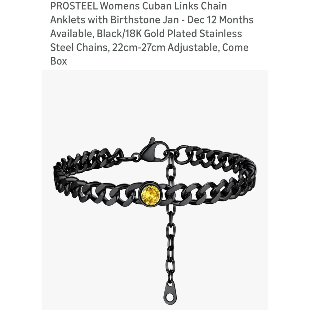 PROSTEEL‎ Womens Black Cuban Link Anklet Yellow Topaz November Birthstone 7mm